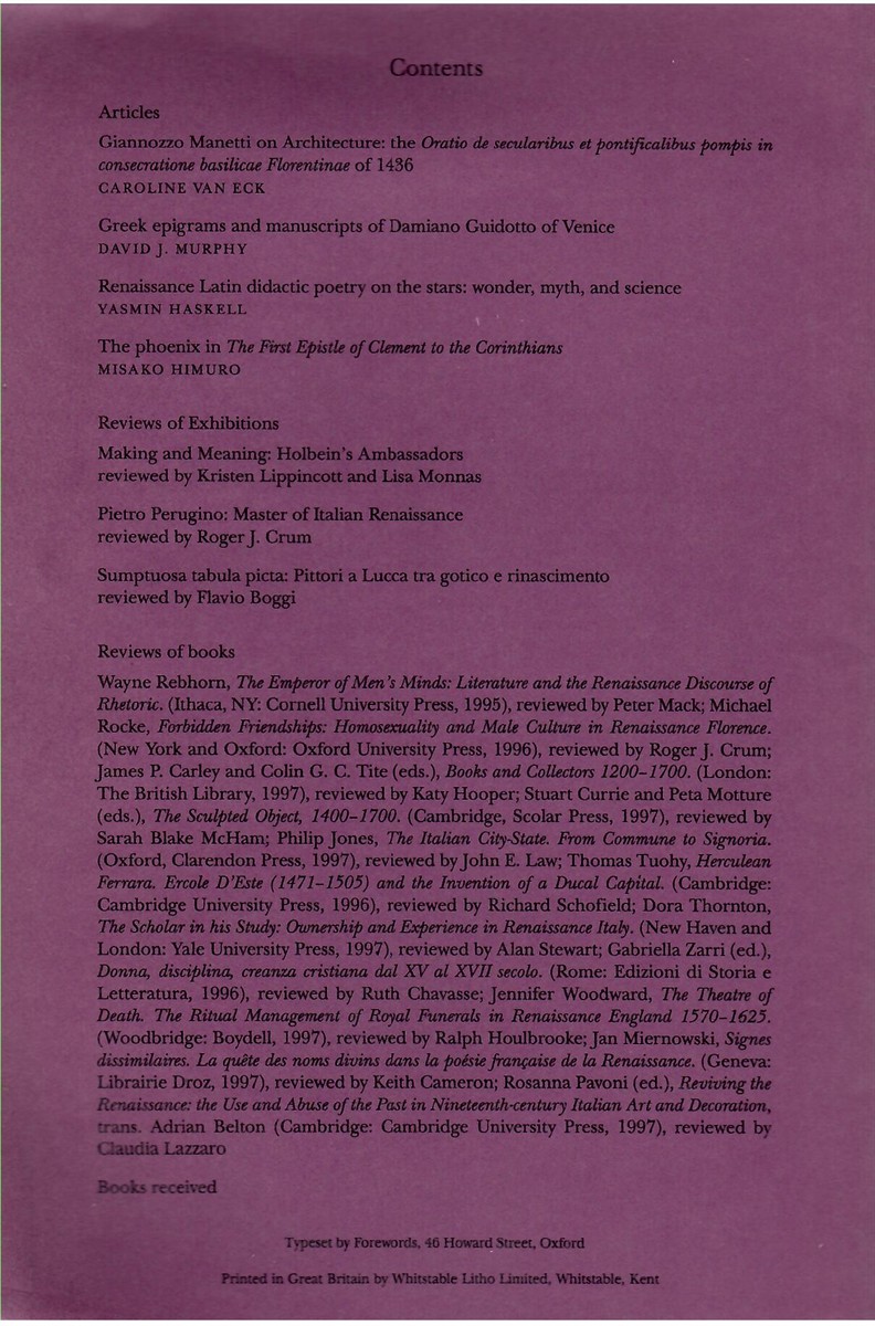 SOCIETY FOR RENAISSANCE STUDIES - Renaissance Studies. Journal of the Society for Renaissance Studies. Volume 12. Number 4. December 1998