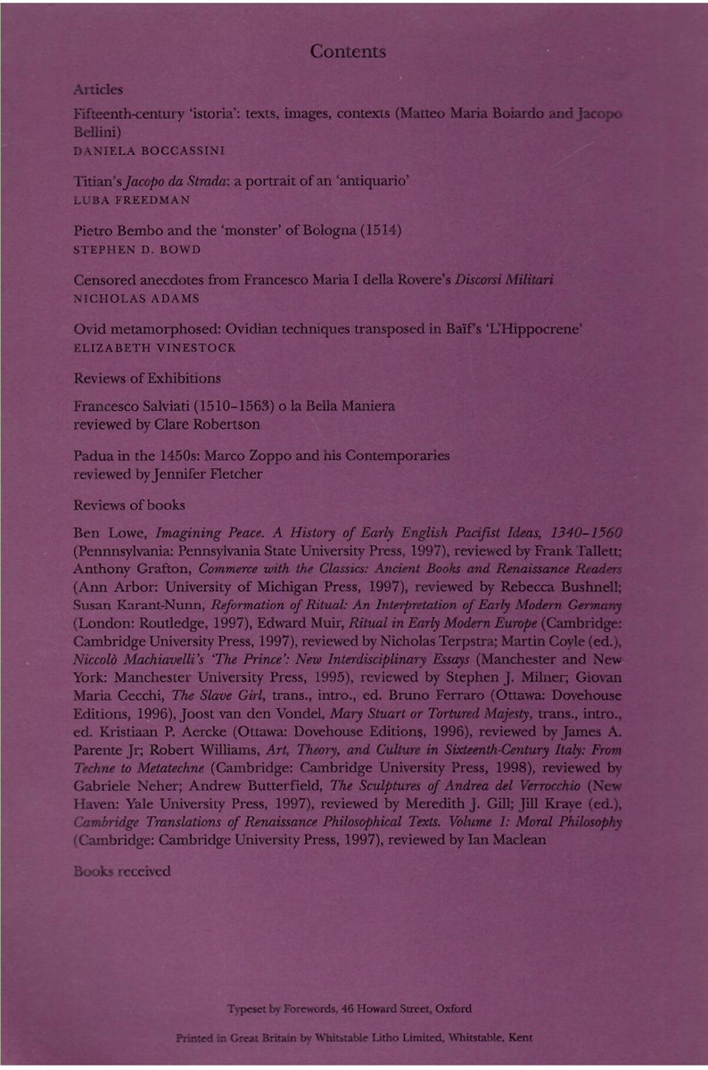 SOCIETY FOR RENAISSANCE STUDIES - Renaissance Studies. Journal of the Society for Renaissance Studies. Volume 13. Number 1. March 1999