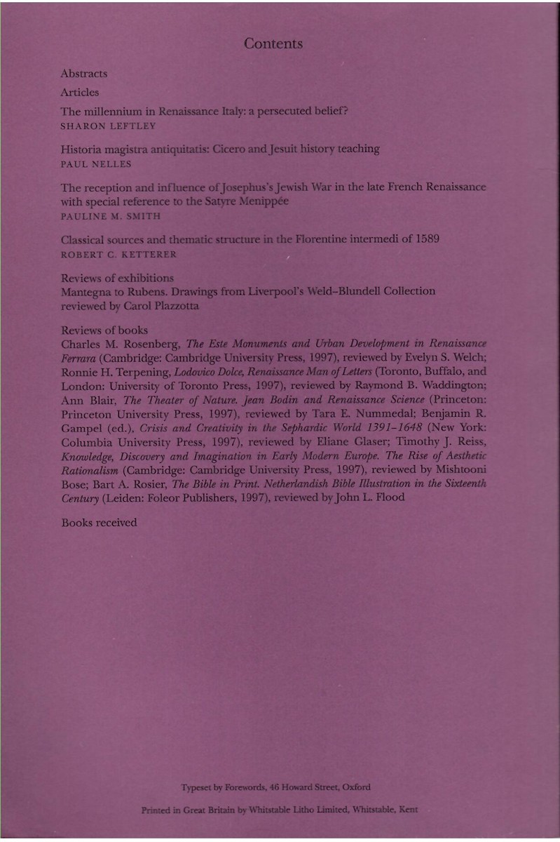Renaissance Studies. Journal of the Society for Renaissance Studies. Volume 13. Number 2. June 1999