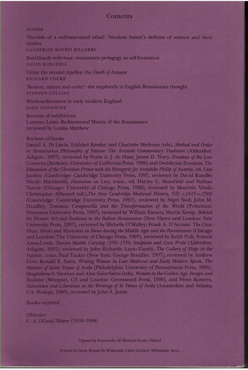 Renaissance Studies. Journal of the Society for Renaissance Studies. Volume 13. Number 3. September 1999