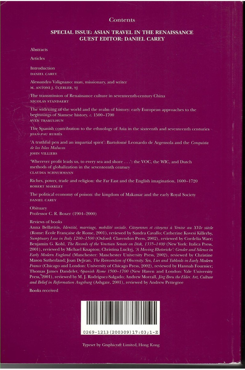 Renaissance Studies. Journal of the Society for Renaissance Studies. Volume 17 Number 3. September 2003 Asian Travel in the Renaissance