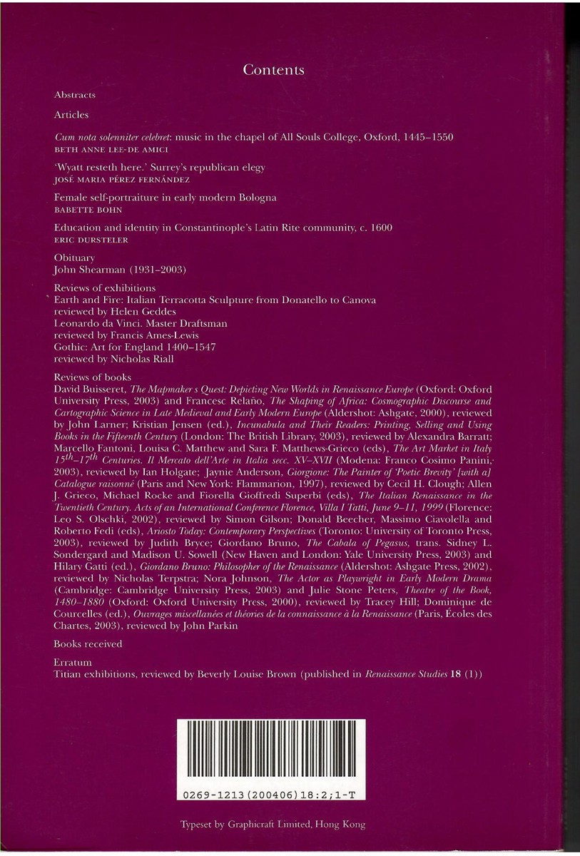 Renaissance Studies. Journal of the Society for Renaissance Studies. Volume 18 Number 2. June 2004