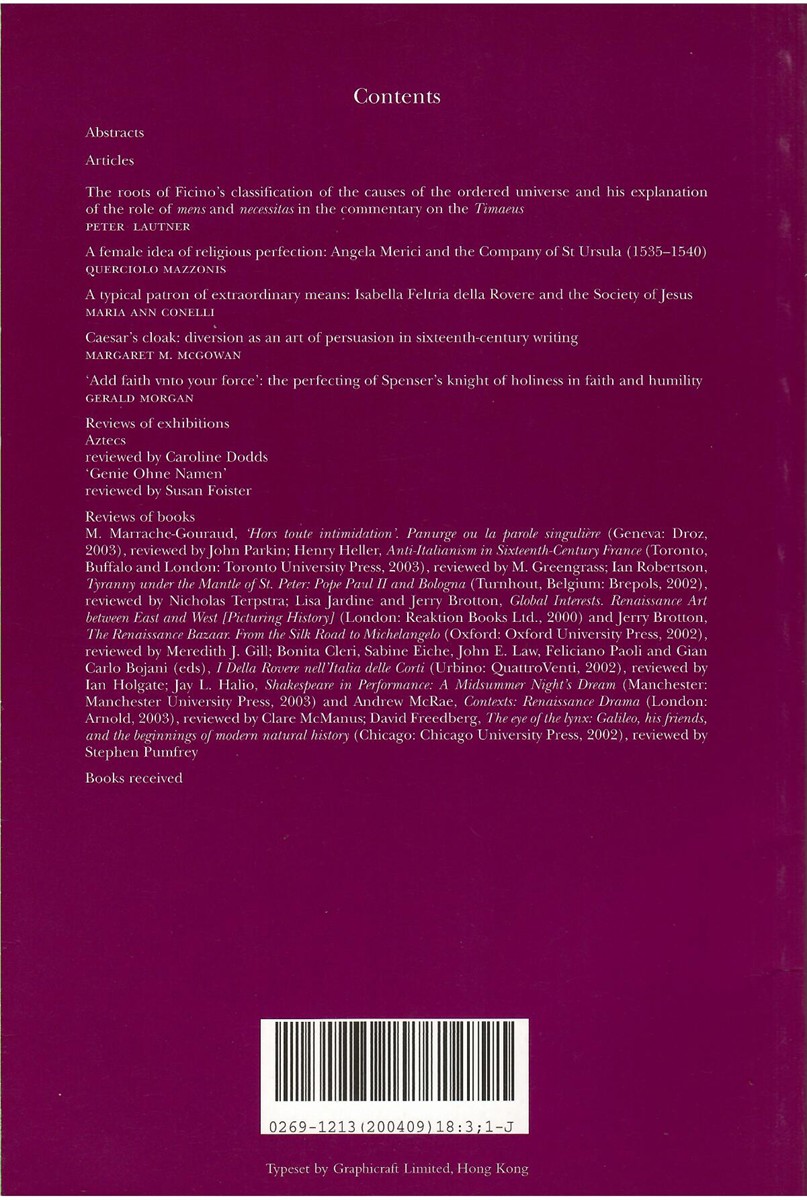 Renaissance Studies. Journal of the Society for Renaissance Studies. Volume 18 Number 3. September 2004