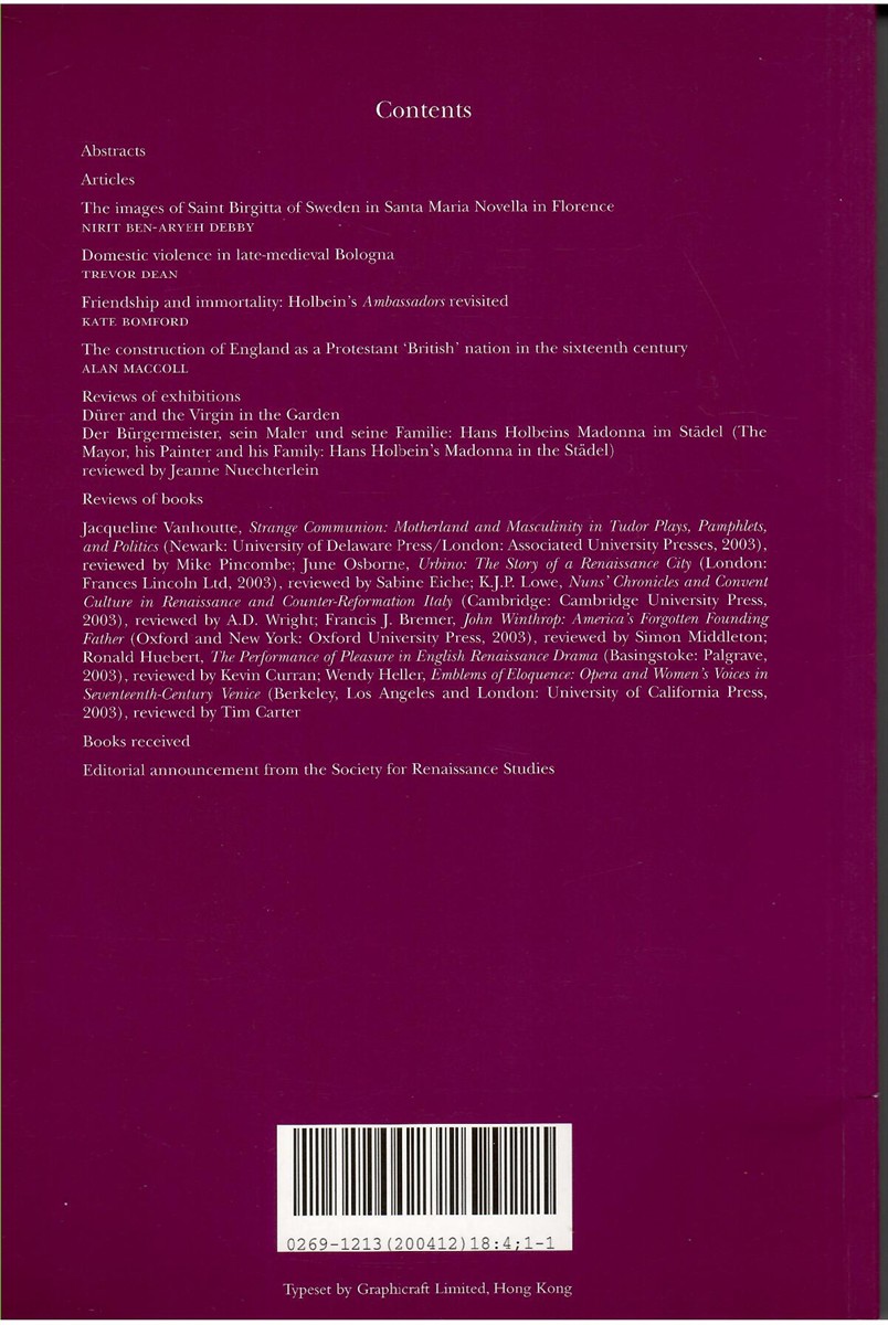 Renaissance Studies. Journal of the Society for Renaissance Studies. Volume 18 Number 4. December 2004