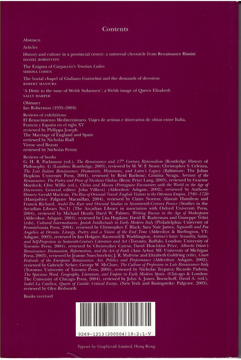 Renaissance Studies. Journal of the Society for Renaissance Studies. Volume 19 Number 2. April 2005
