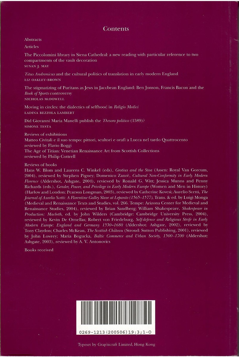 Renaissance Studies. Journal of the Society for Renaissance Studies. Volume 19 Number 3. June 2005