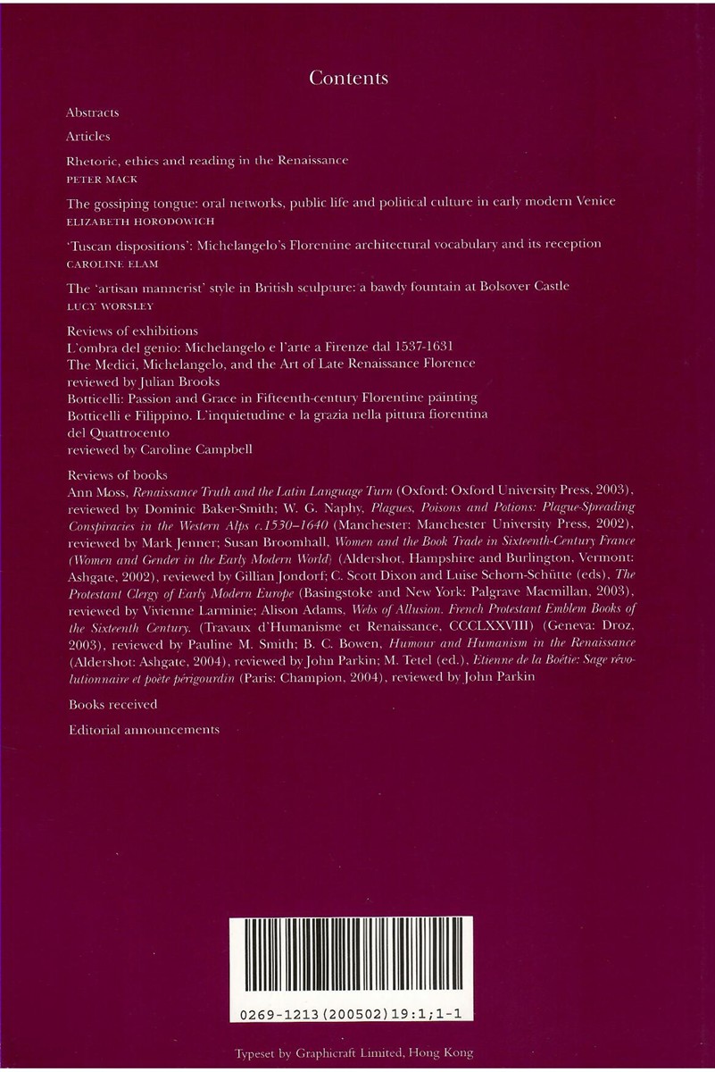 Renaissance Studies. Journal of the Society for Renaissance Studies. Volume 19 Number 1. February 2005