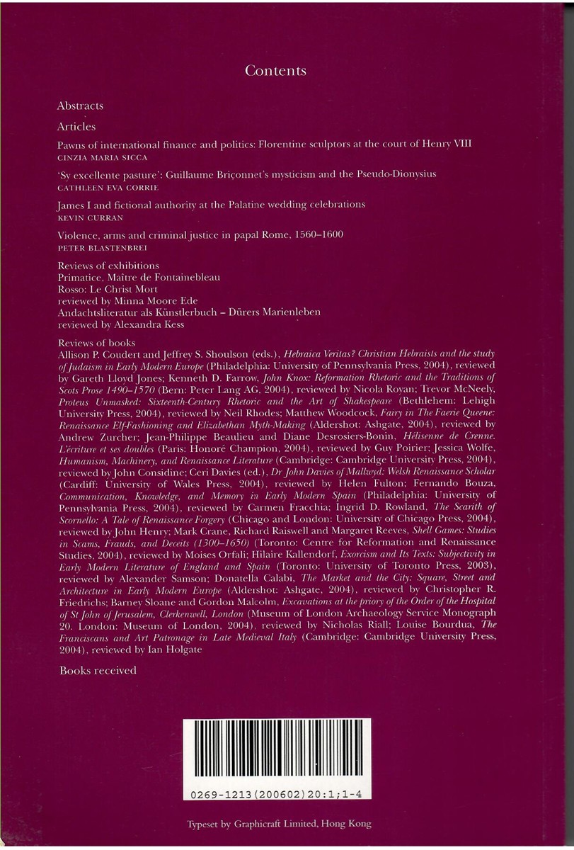 Renaissance Studies. Journal of the Society for Renaissance Studies. Volume 20 Number 1. February 2006
