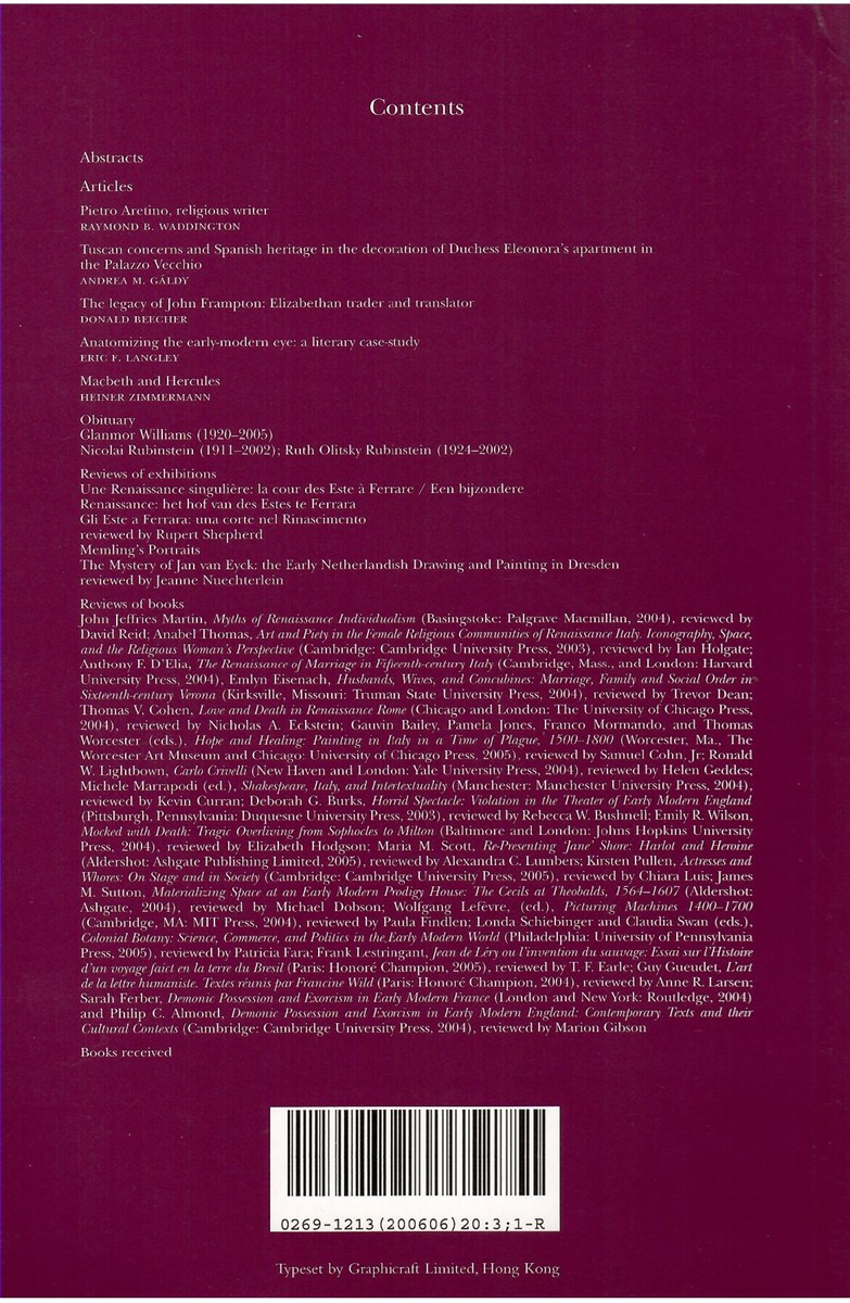 Renaissance Studies. Journal of the Society for Renaissance Studies. Volume 20 Number 3 June 2006