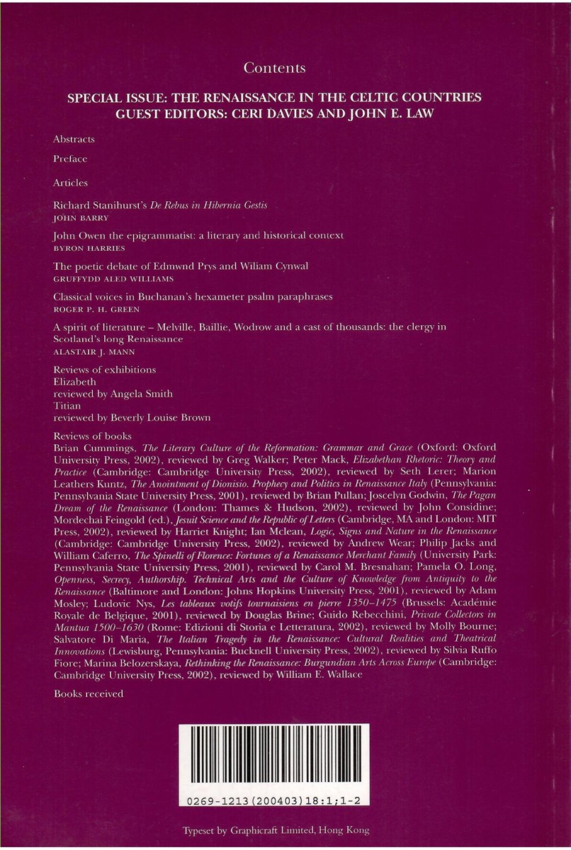 Renaissance Studies. Journal of the Society for Renaissance Studies. Volume 18 Number 1. March 2004