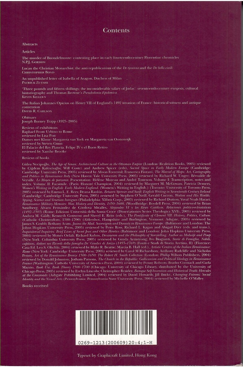 Renaissance Studies. Journal of the Society for Renaissance Studies. Volume 20 Number 4. September 2006