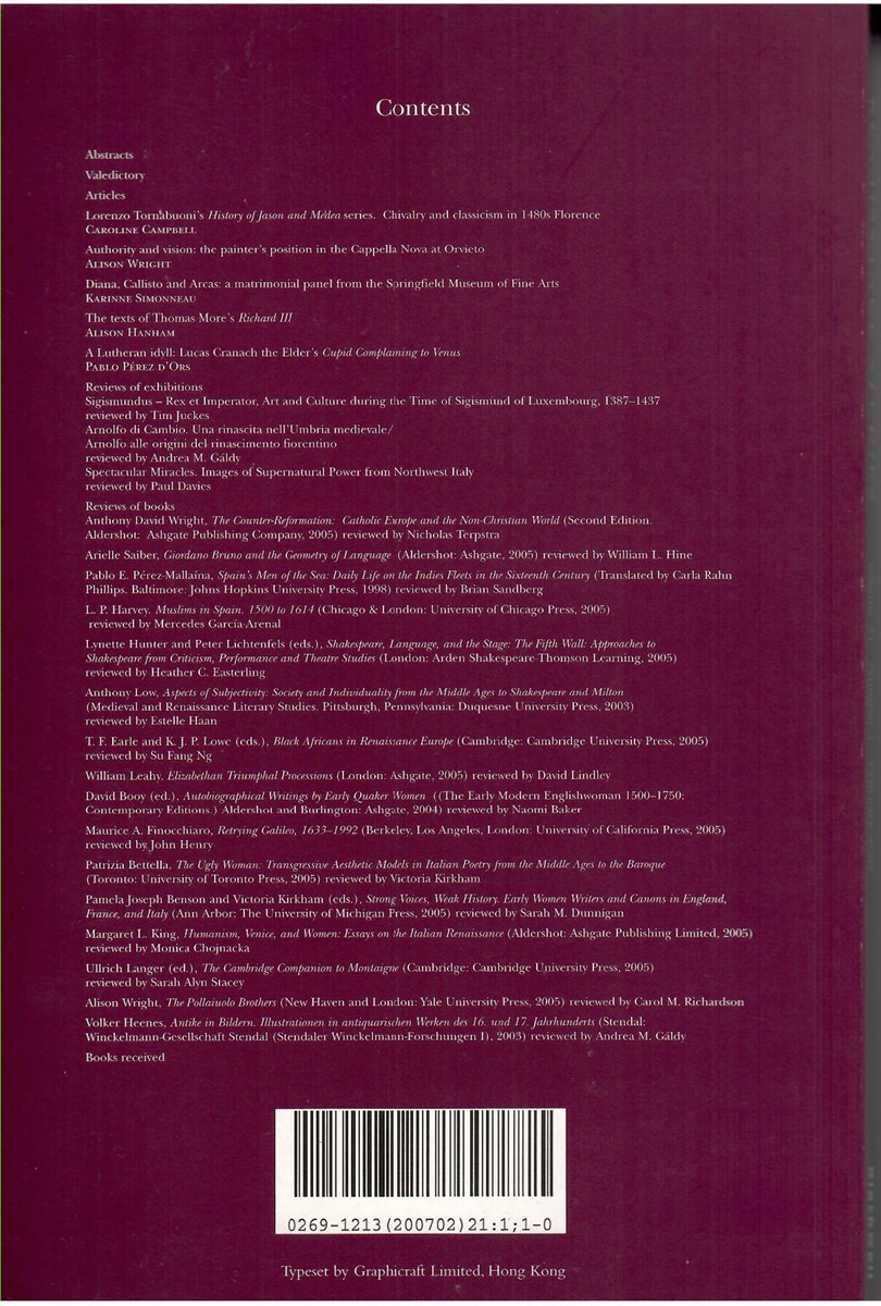 Renaissance Studies. Journal of the Society for Renaissance Studies. Volume 21 Number 1 February 2007