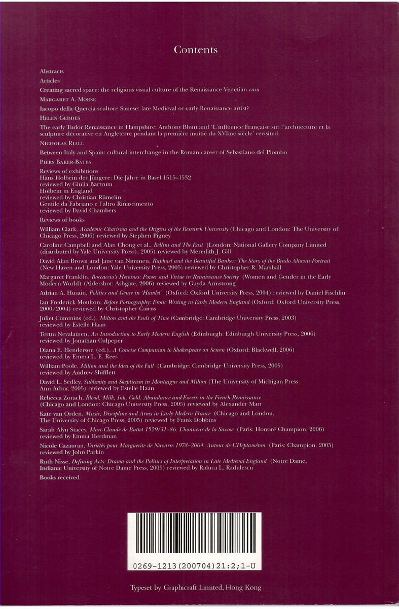 Renaissance Studies. Journal of the Society for Renaissance Studies. Volume 21 Number 2 April 2007