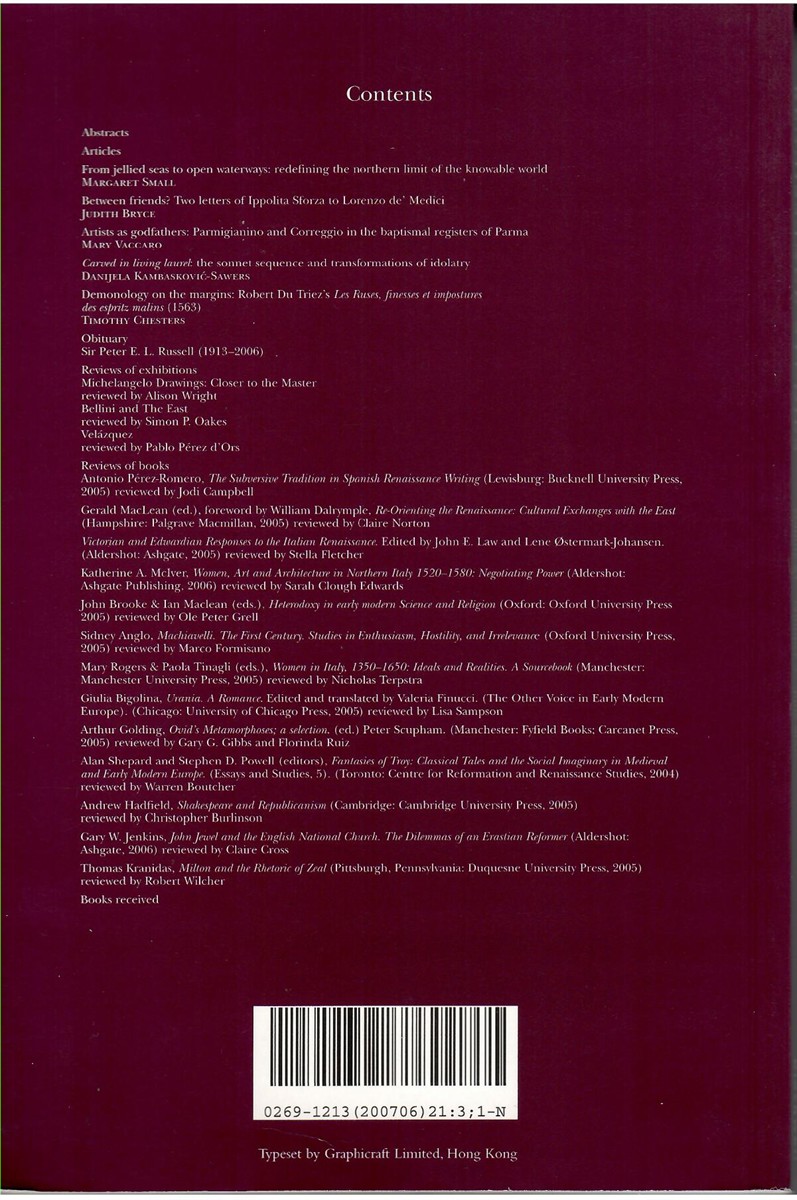 Renaissance Studies. Journal of the Society for Renaissance Studies. Volume 21 Number 3 June 2007