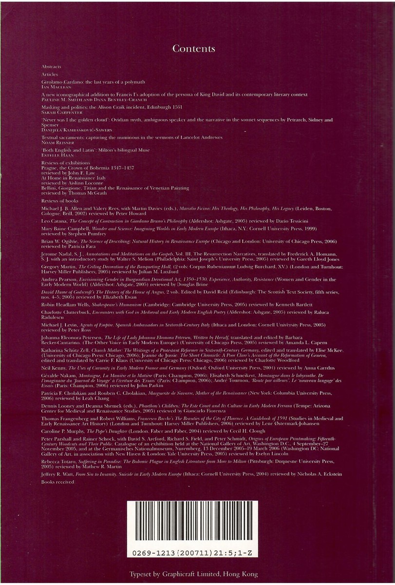 Renaissance Studies. Journal of the Society for Renaissance Studies. Volume 21 Number 5 November 2007