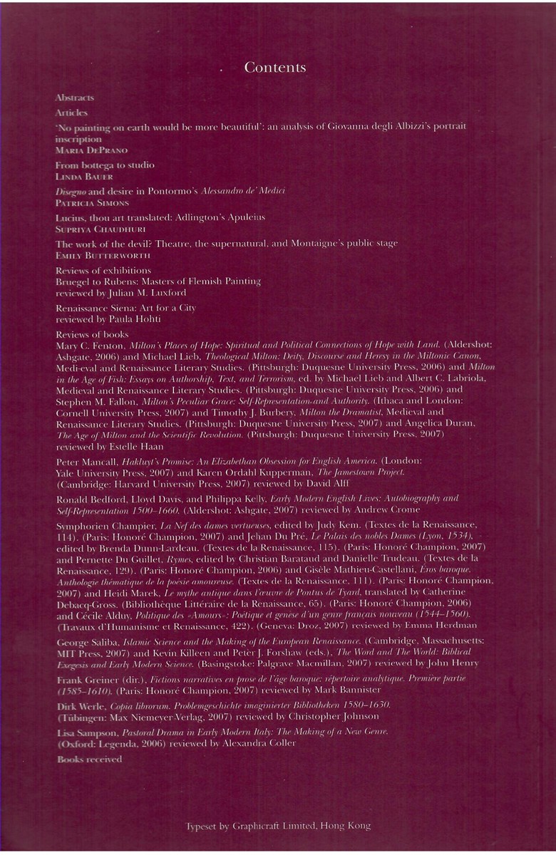 Renaissance Studies. Journal of the Society for Renaissance Studies. Volume 22 Number 5 November 2008