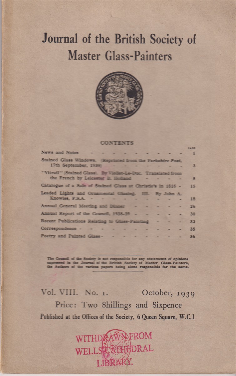 Image for Journal of the British Society of Master Glass-Painters. Vol. VIII No. 1 October, 1939 Journal of the British Society of Master Glass-Painters. Vol. VIII No. 1 October, 1939