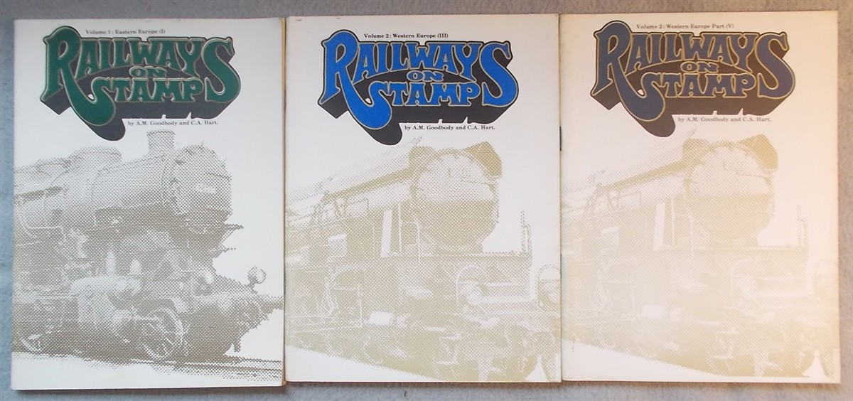 Railways on Stamps (3 Issues) : Eastern Europe Volume I (Albania, Bulgaria, Czechoslavakia, Est Germany and Romania) , Western Europe Volume III (Austria, Belgium, Denmark, Finland, Germany) and V (Luxembourg, Netherlands, Norway, Portugal, San Marino, Spain, Sweden, and Switzerland)