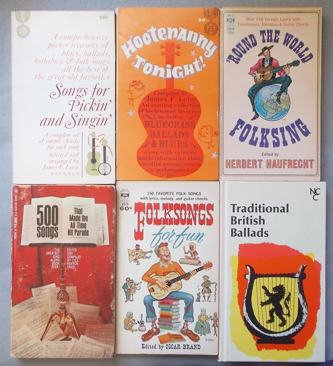 6 Folk Music, Bluegrass, Traditional Songbooks: Hootenanny Tonight, Songs for Pickin' and Singin', 'round the World Folksing, Folksongs for Fun, 500 Songs That Made the All-Time Hit Parade, Traditional British Ballads