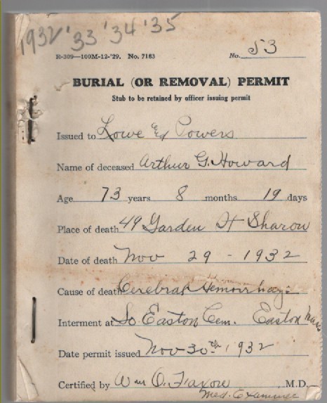 Burial (Or Removal) Permit (Sharon, Massachusetts) 1932-1935