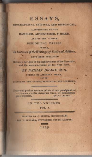 DRAKE, NATHAN - Essays, Biographical, Critical, and Historical, Illustrative of the Rambler, Adventurer, & Idler. . . 2 Volume Set