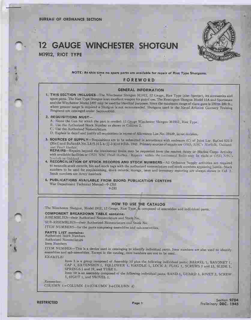 Image for 12 Gauge Winchester Shotgun, M1912, Riot Type Technical Manual 9-1285