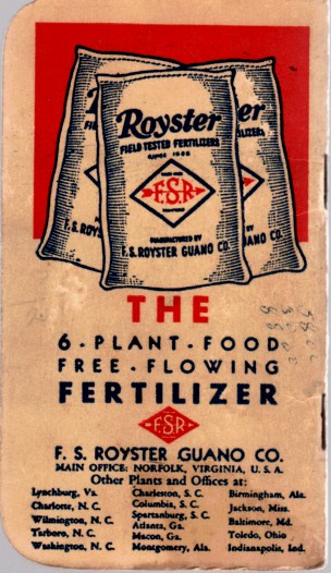 ROYSTER - Royster 6 Plant Food Free Flowing Fertilizer Memo Book-Calendar 1947-48