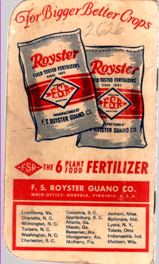 ROYSTER - Royster 6 Plant Food Free Flowing Fertilizer Memo Book-Calendar 1955-56