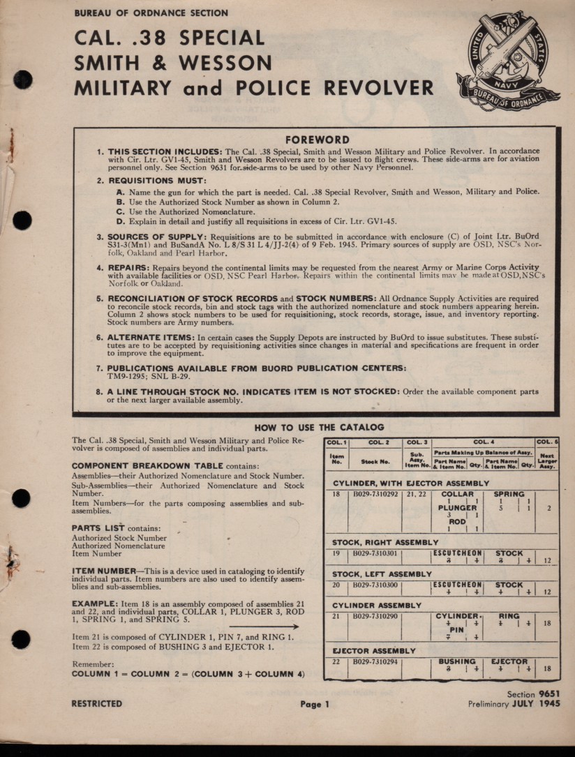 Image for Cal. .38 Special Smith and Wesson, Military and Police Revolver Catalog specification sheets of assemblies and parts