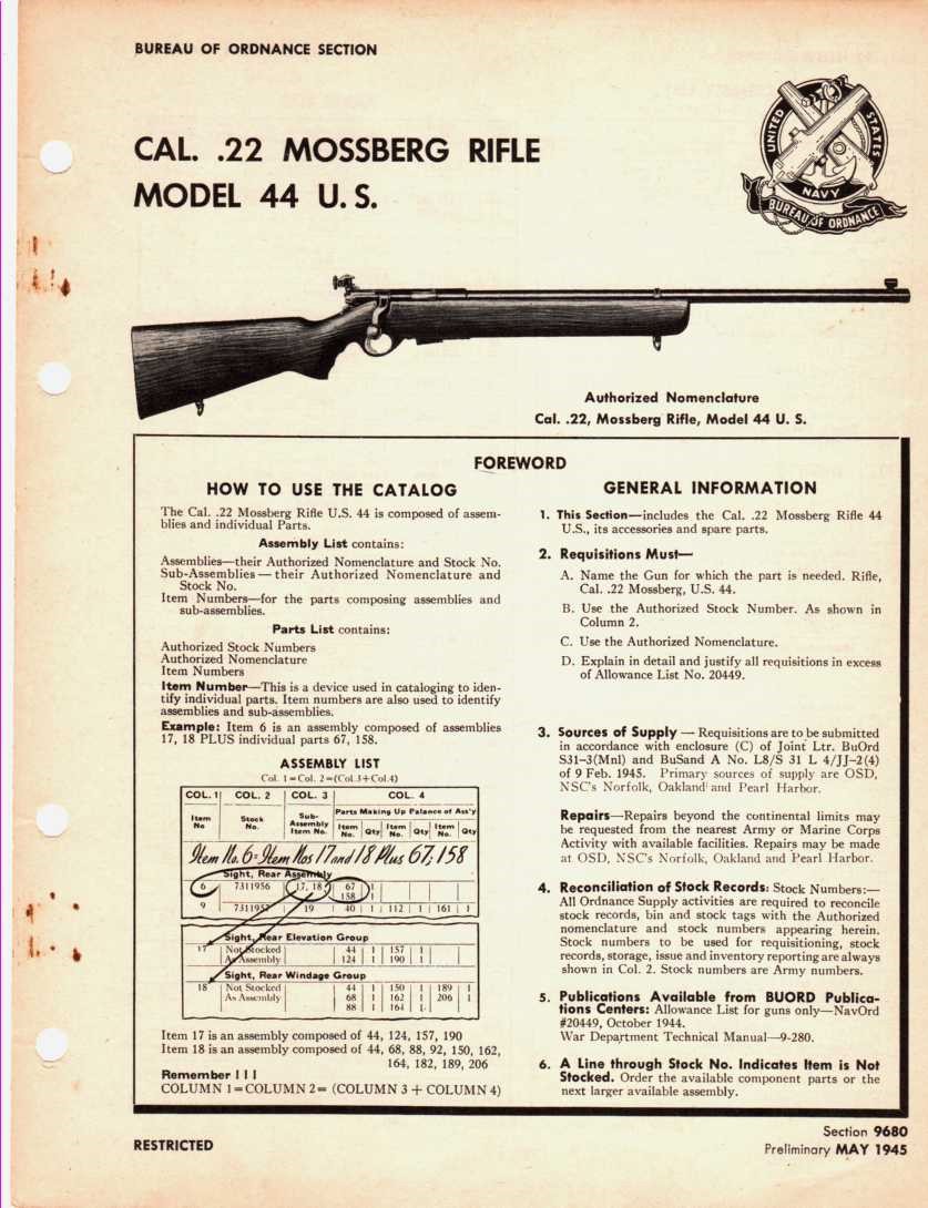 Image for Cal. .22 Mossberg Rifle, Model 44 U.S. Authorized Nomenclature Cal. .22, Mossberg Rifle, Model 44 U.S.