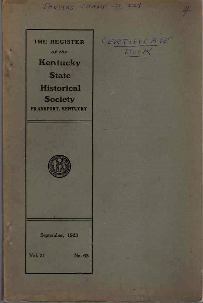 Image for The Register of the Kentucky Historical Society Vol.21 No. 63 September 1923