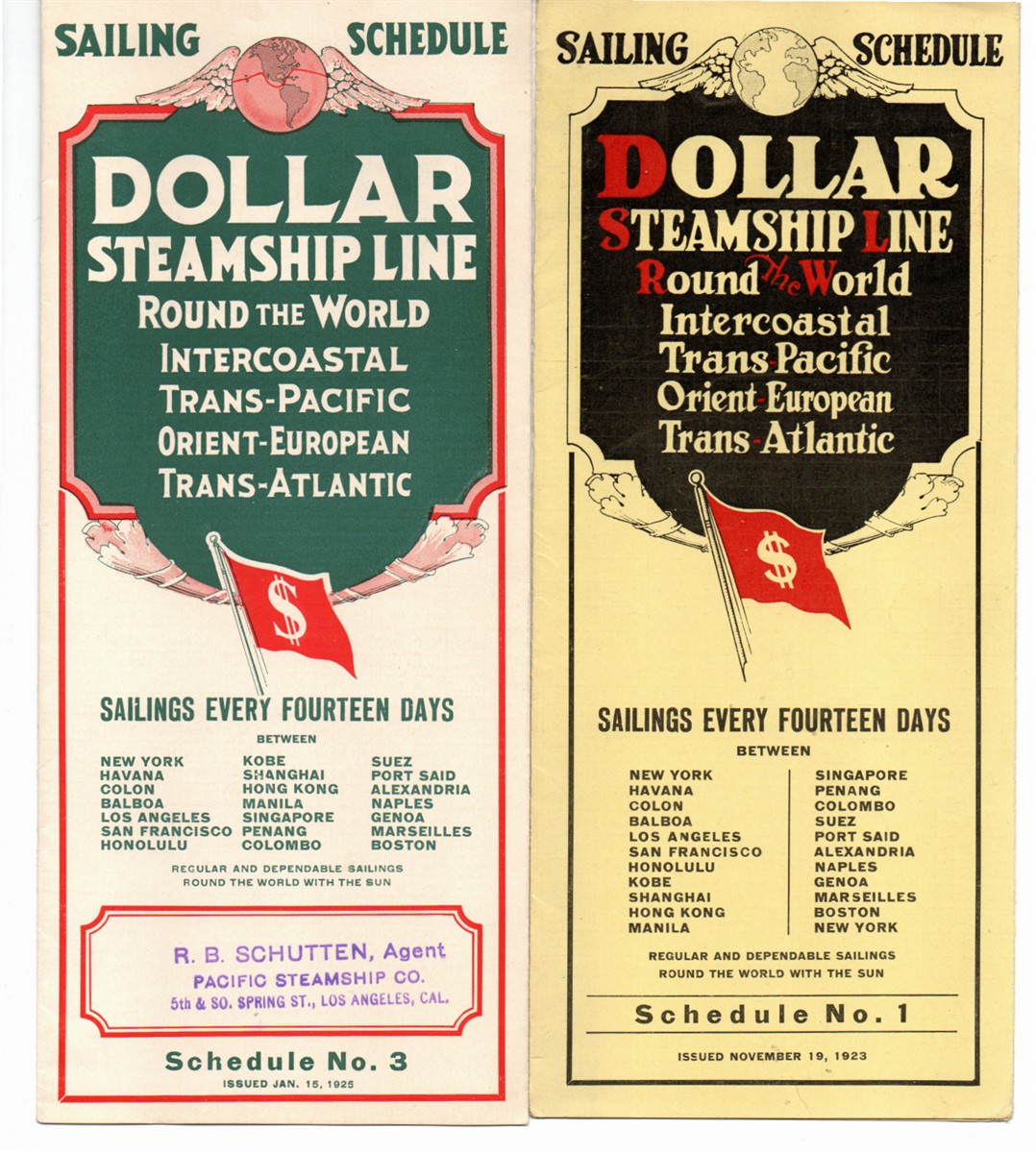 Image for 2 Brochures for the Dollar Steam Ship Line.  Schedule No. 1, Novermber 19, 1923; Schedule No. 3. January 15, 1925