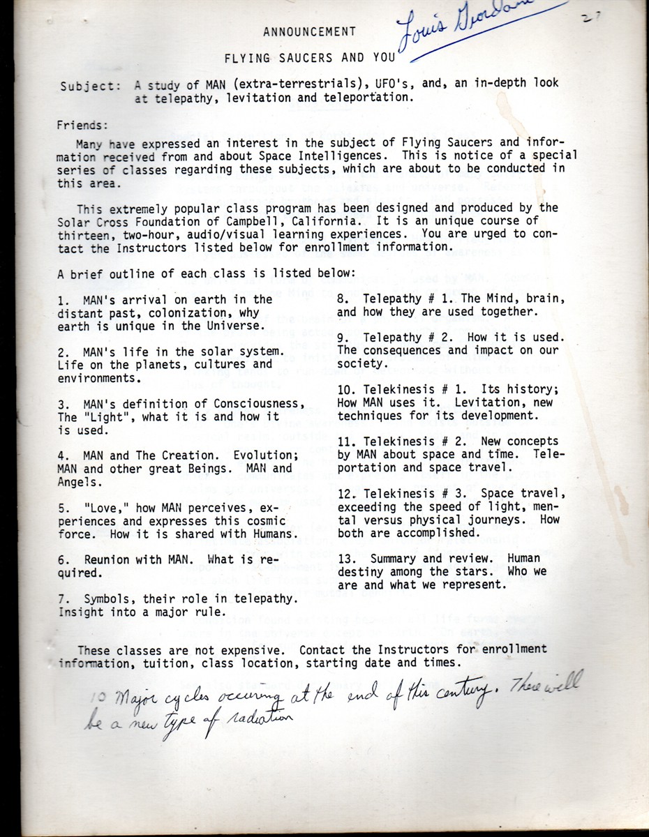 [Two Items] I. Copy Typed Manuscript: Announcement, Flying Saucers and You. II. Copy Typed Manuscript: the Secret Government, the Origin, Identit, and Purpose of MJ-12
