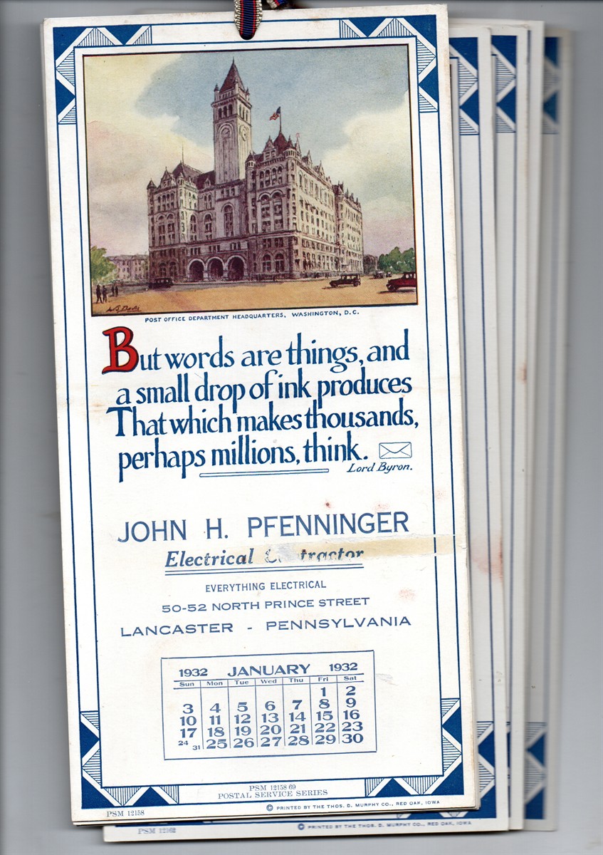 1932 Twelve Piece Calendar Advertising John H. Pfenninger, Electrical Contractor, Lancaster - Pennsylvania