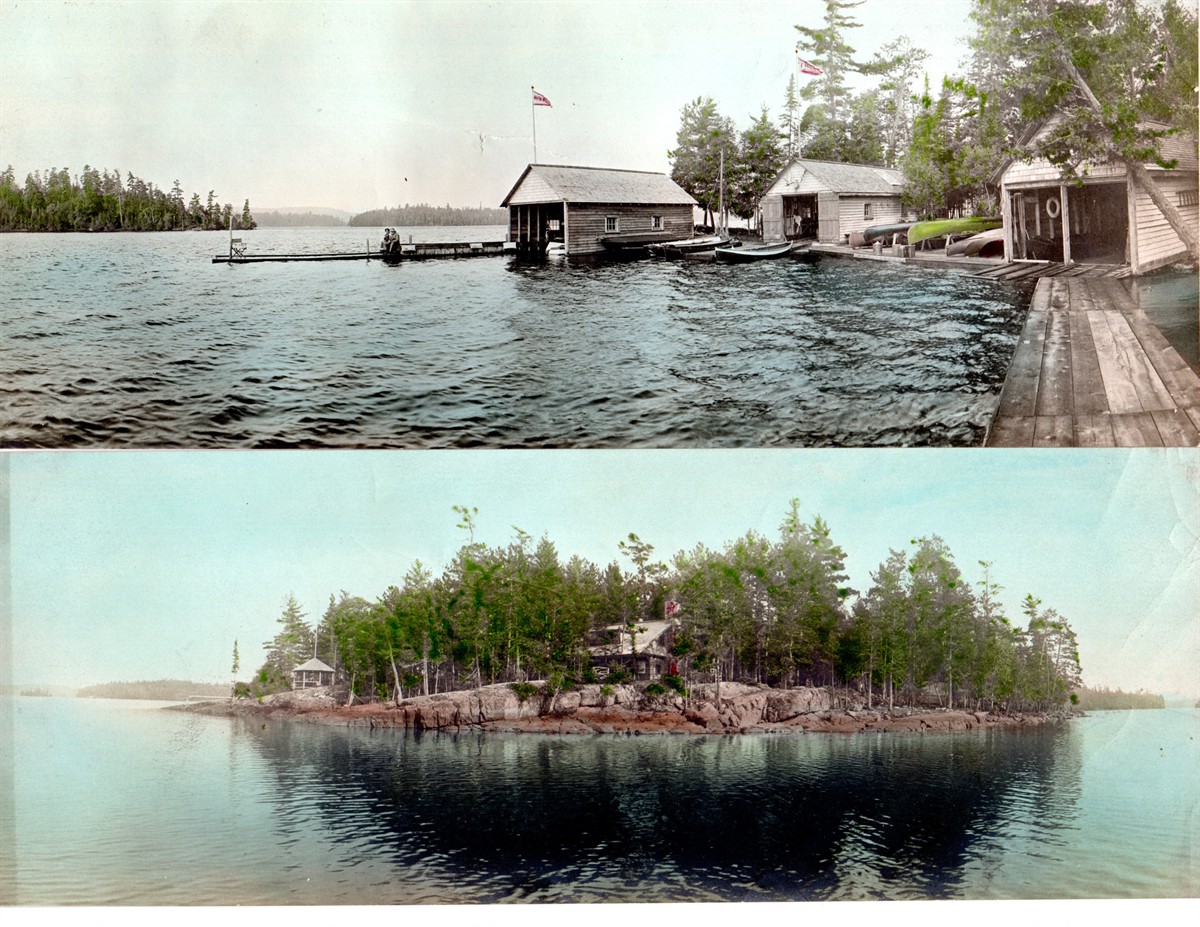 Two Vintage Color Photographs of Lakeside Boathouses and Buildings.