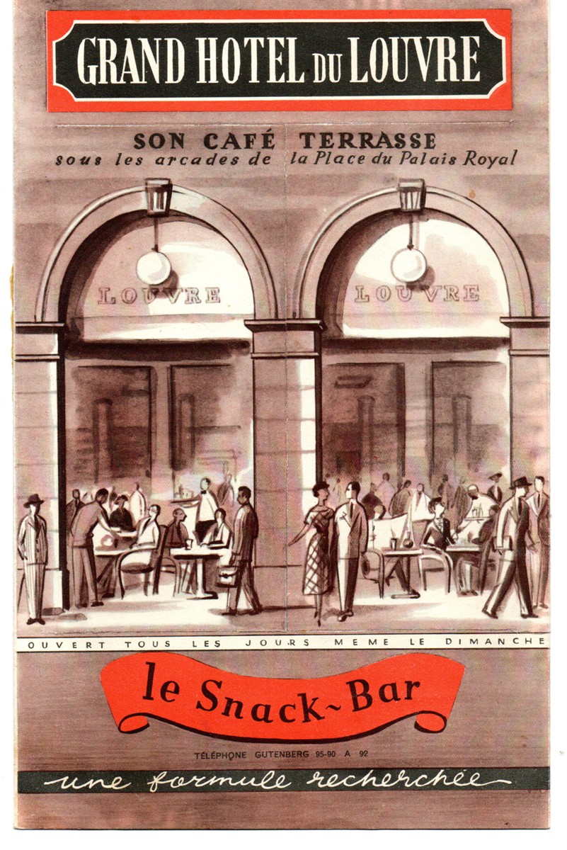 Menu: Grand Hotel Du Louvre, Son Cafe Terrasse Sous Les Arcades De La Place Du Palais Royal, le Snack-Bar, 1953