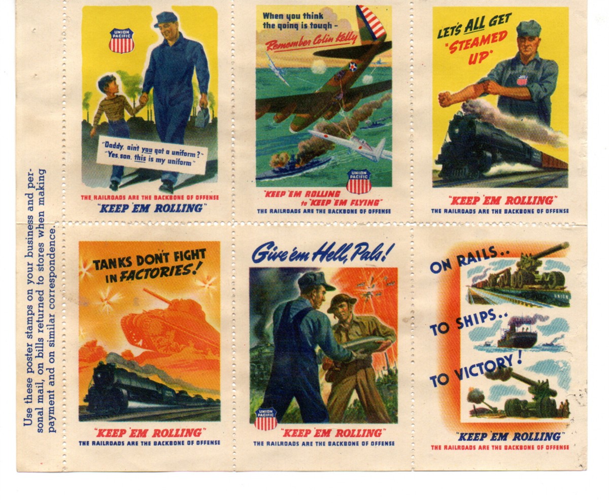 Sheet of 6 WWII Keep 'em Rolling Postage Stamps