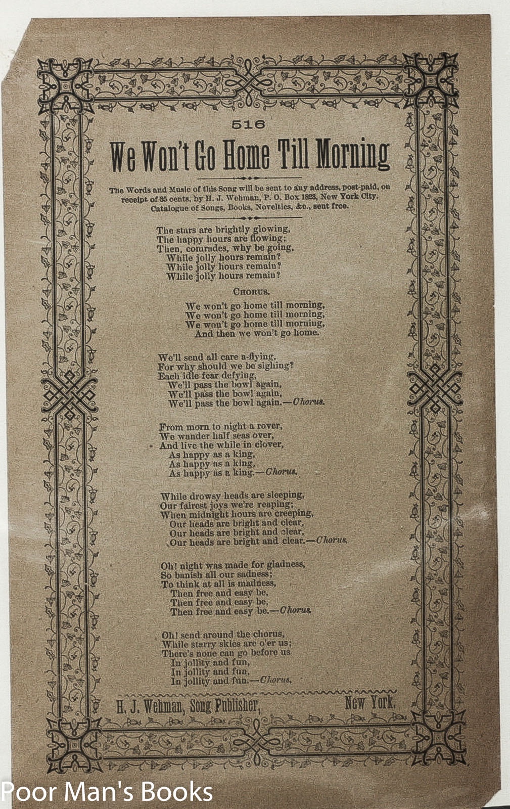 Image for 3 PC. ANTIQUE H.J. WEHMAN VICTORIAN SONG SHEETS OLD BLACK JOE 1860 BRING BACK MY BONNIE TO ME 1882 WE WON'T GO HOME TILL MORNING BROADSIDES
