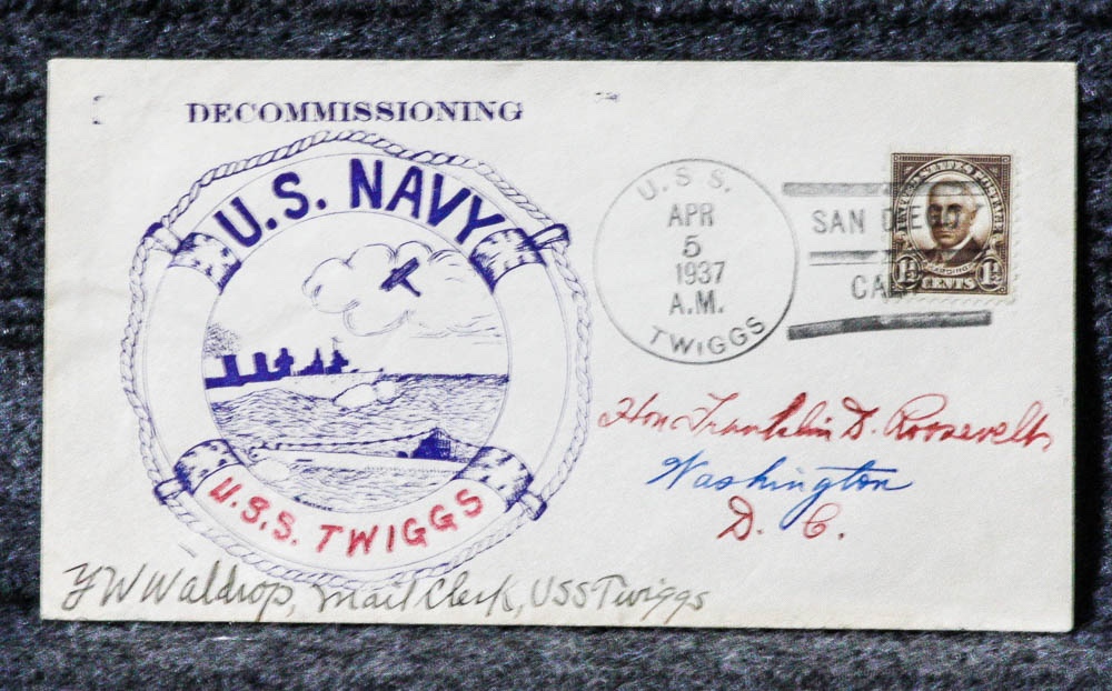 Image for USS TWIGGS DECOMMISSIONING 1937 NAVAL CACHET ADDRESSED TO FRANKLIN D. ROOSEVELT FROM HIS STAMP COLLECTION.