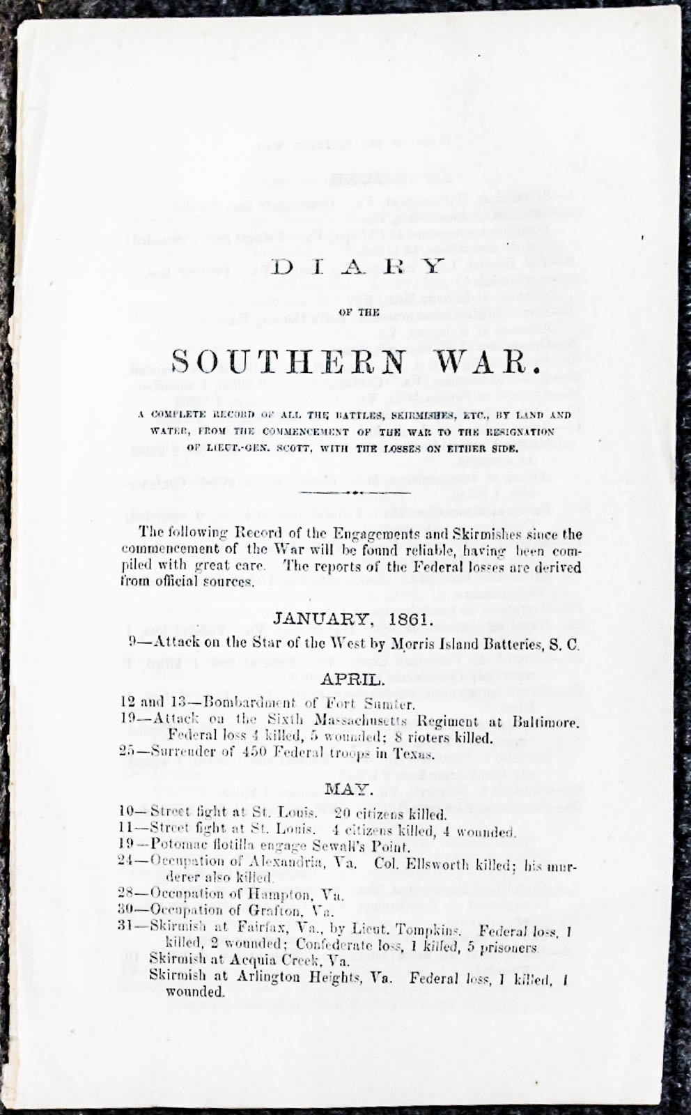 Image for Diary Of The Southern War [all Fights And { Lincolniana} Skirmishes With Losses On Both Sides Extract