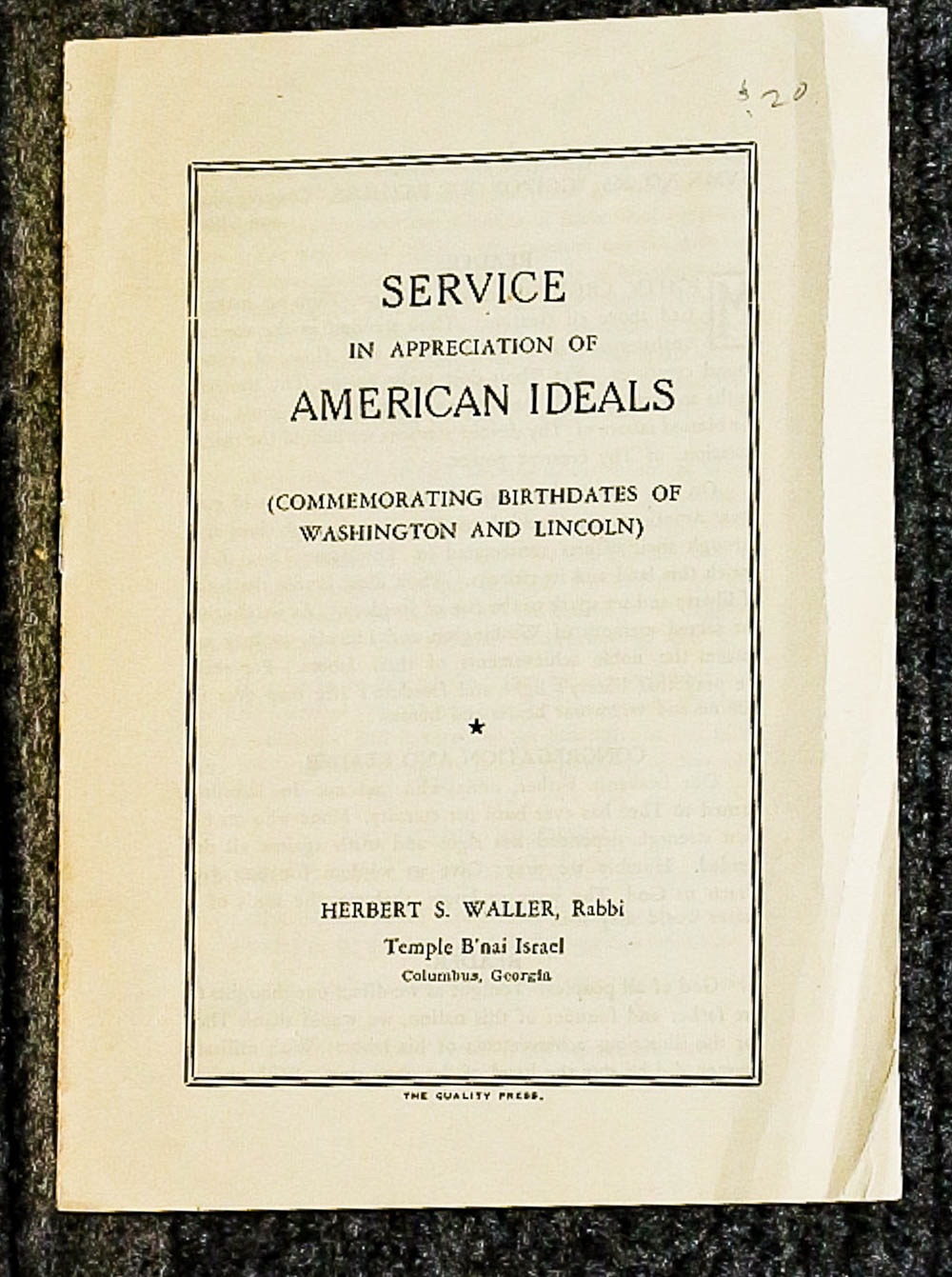 Image for { Lincolniana} Service In Appreciation Of American Ideals [commemorating Birthdates Of Washington And Lincon]