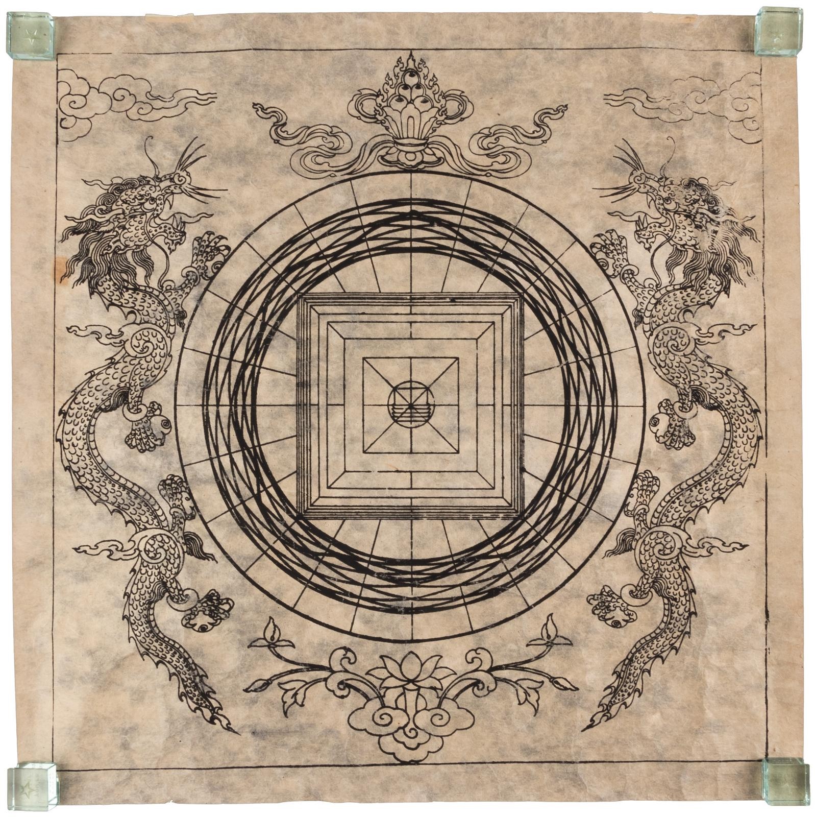 Image for Asian mystical-occult poster on rice paper with geometrical  layout and dragons [probably 1700-1800s]