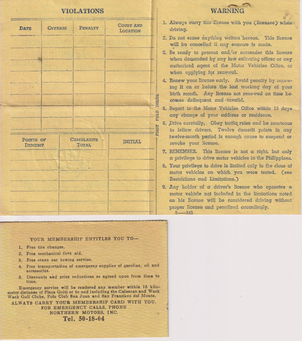 PHILIPPINE DRIVER'S LICENSE 1964; And Member's Card of the Philippine Motor Association