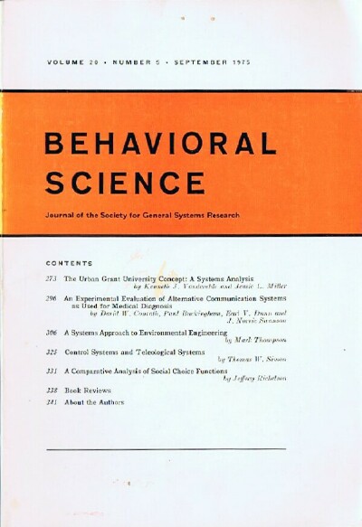 SIMON, THOMAS W.; JAMES G. MILLER (ED) - Behavioral Science (Volume 20, Number 5, September 1975) Journal of the Society for General Systems Research