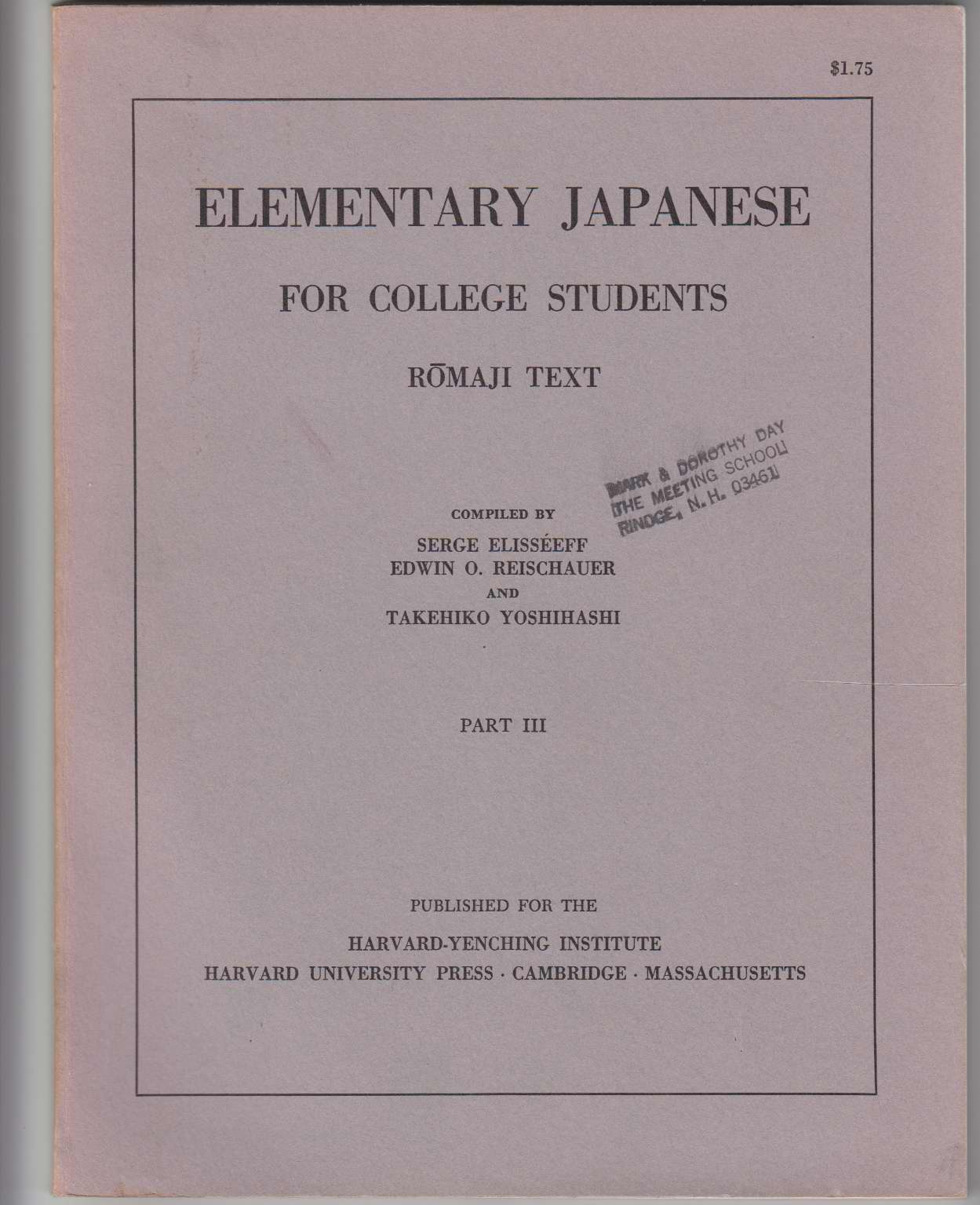 Image for Elementary Japanese for College Students: Part Iii: Romaji Text