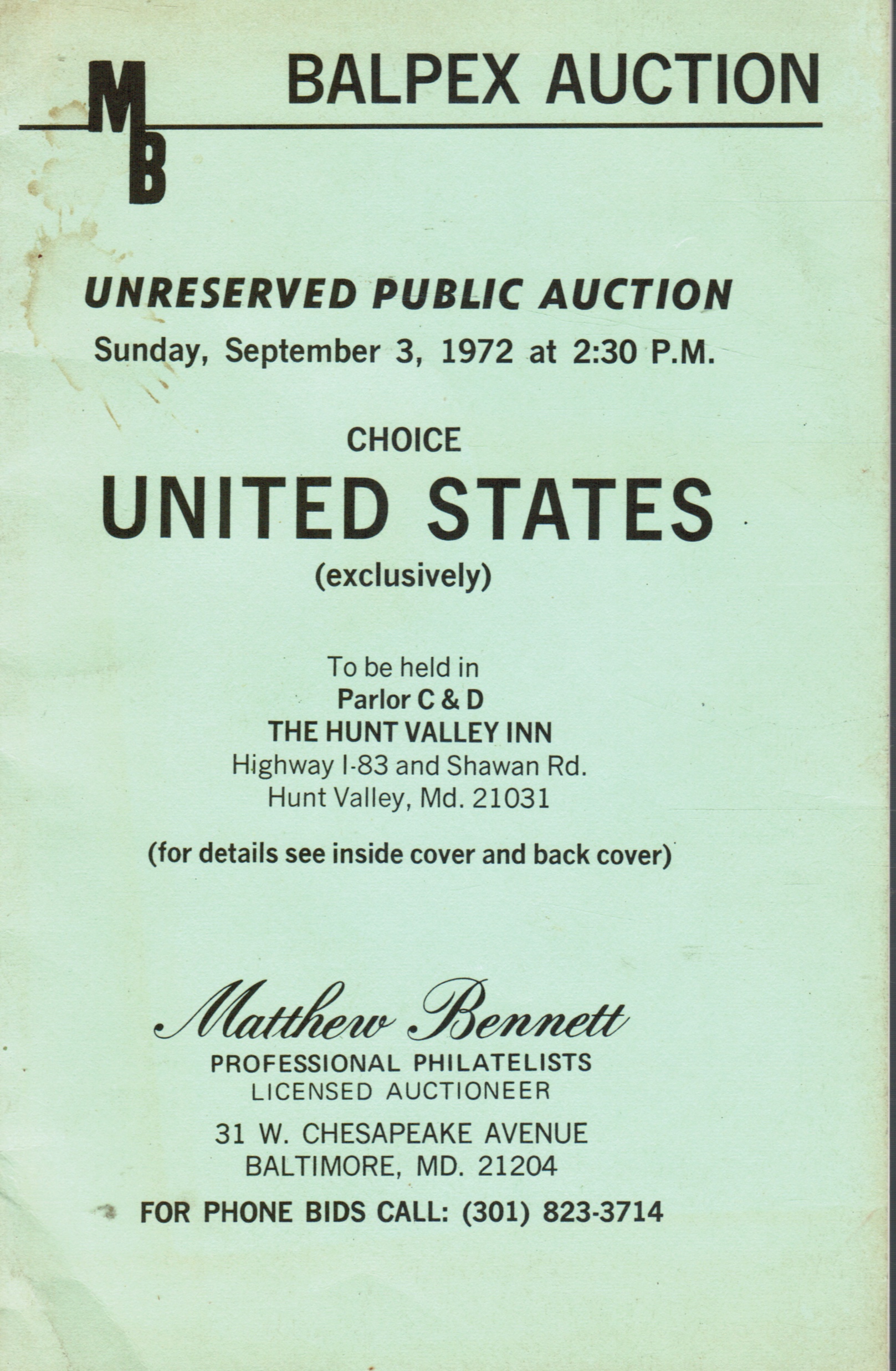 THE BALTIMORE PHILATELIC SOCEITY - Balpex Auction: September 3, 1972