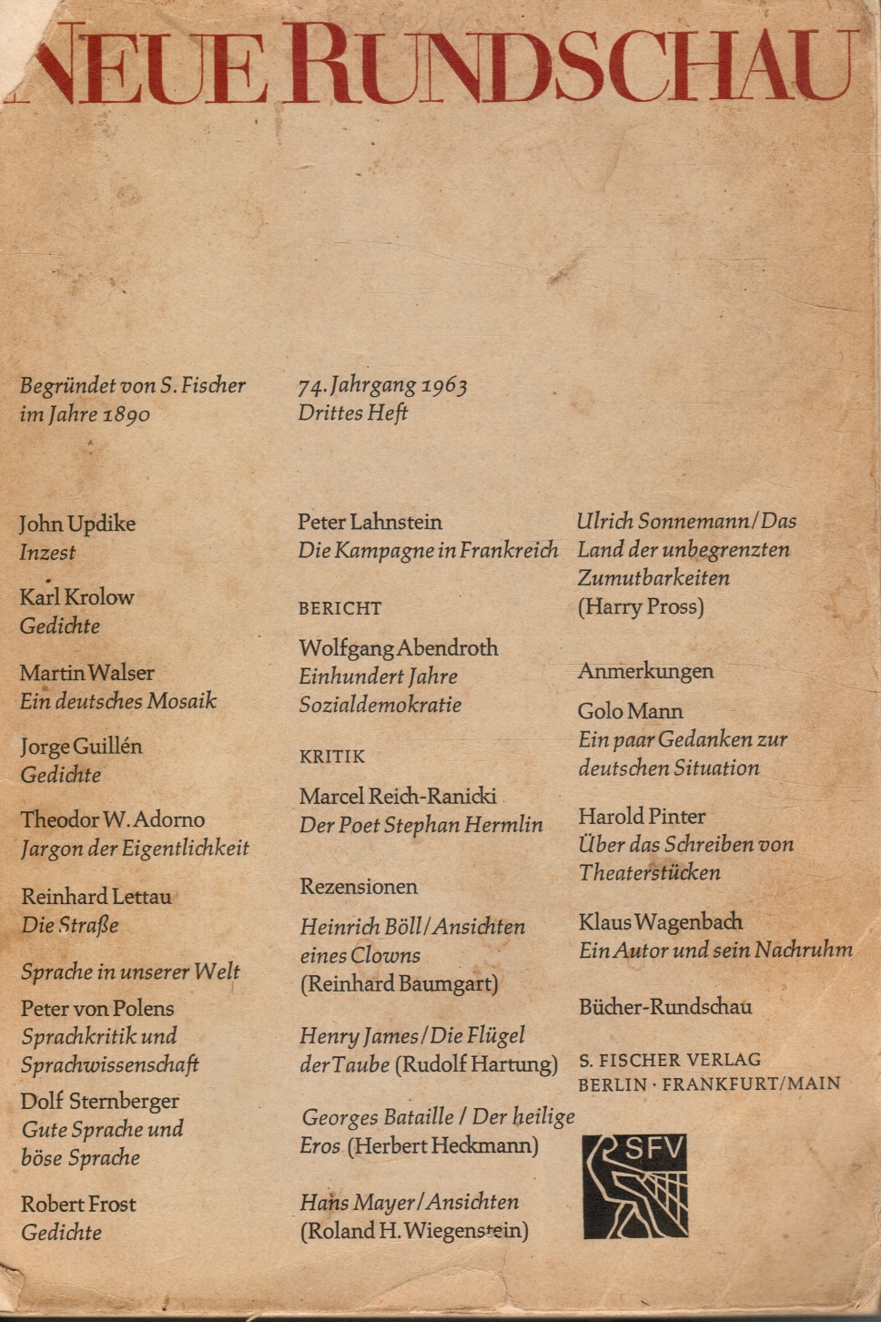 RUDOLF HARTUNG, EDITOR - Neue Rundschau 74 Jahrgang 1963