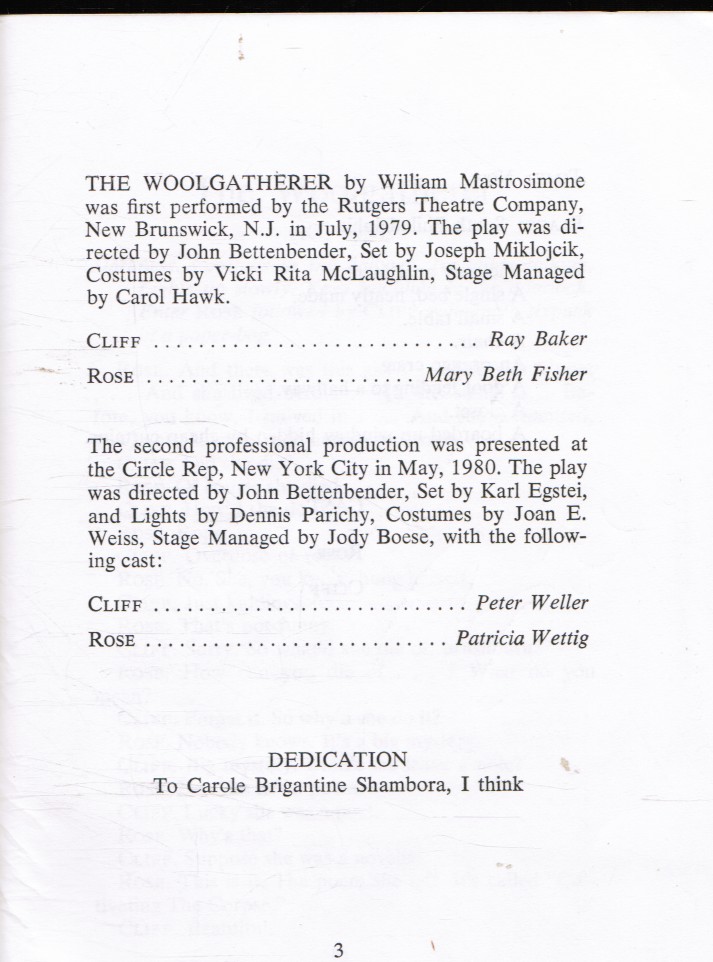 MASTROSIMONE, WILLIAM - The Woolgatherer: A Play in Two Acts