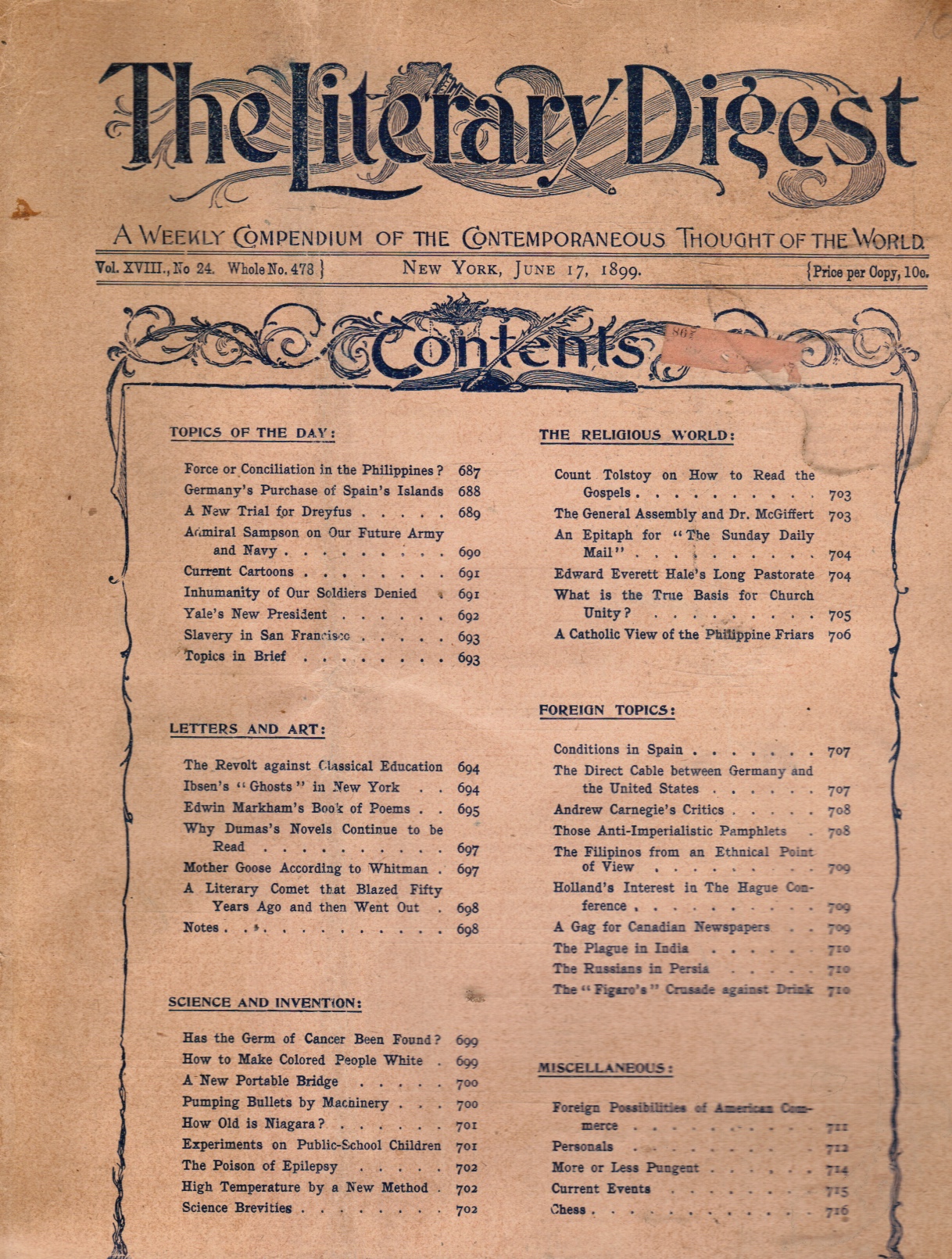 FUNK AND WAGNALLS STAFF - The Literary Digest: A Weekly Compendium of the Contemporaneous Thought of the World: Vol Xvii, No 24, Whole No 478, June 17, 1899 How to Make Colored People White, Plague in India