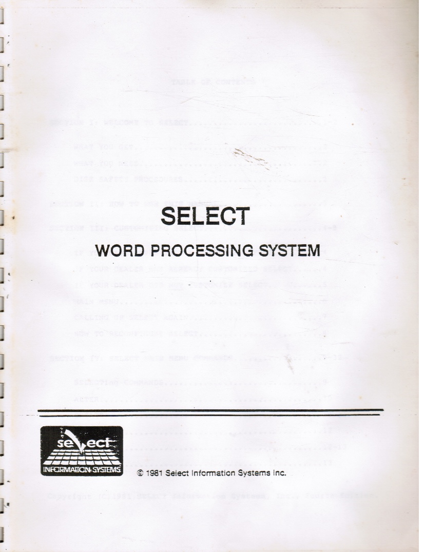 SELECT INFORMATION SYSTEM EDITORS - Select Word Processing System